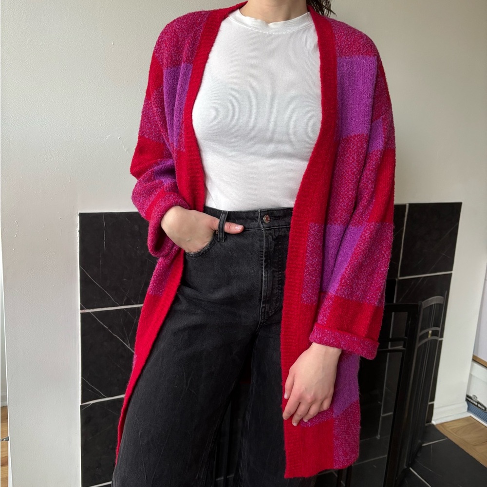 Oversized Checkered Plaid Cardigan Sweater Open Duster Chunky Wool Knit Blend M